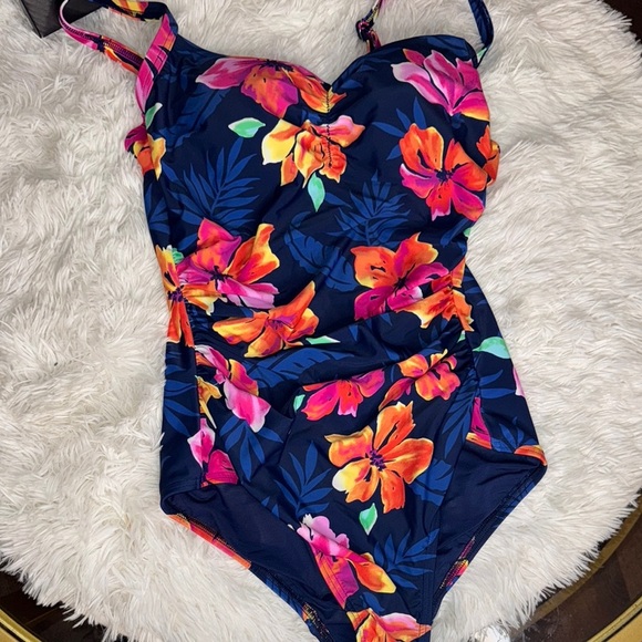 Lands' End Blue and Pink One Piece Swimsuit with Floral Design - Picture 1 of 3